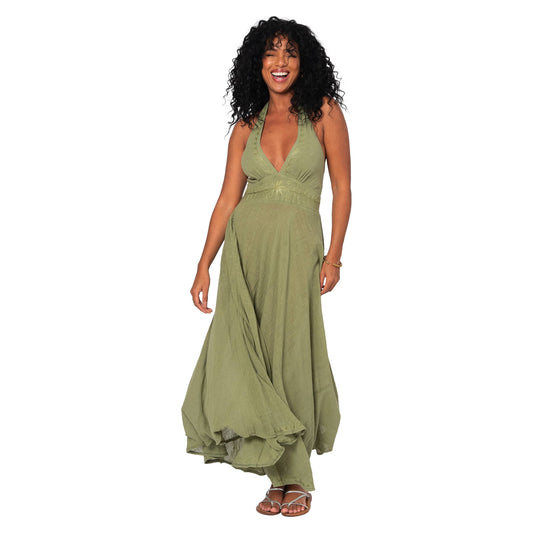Maxi abito boho chic in voile kaki