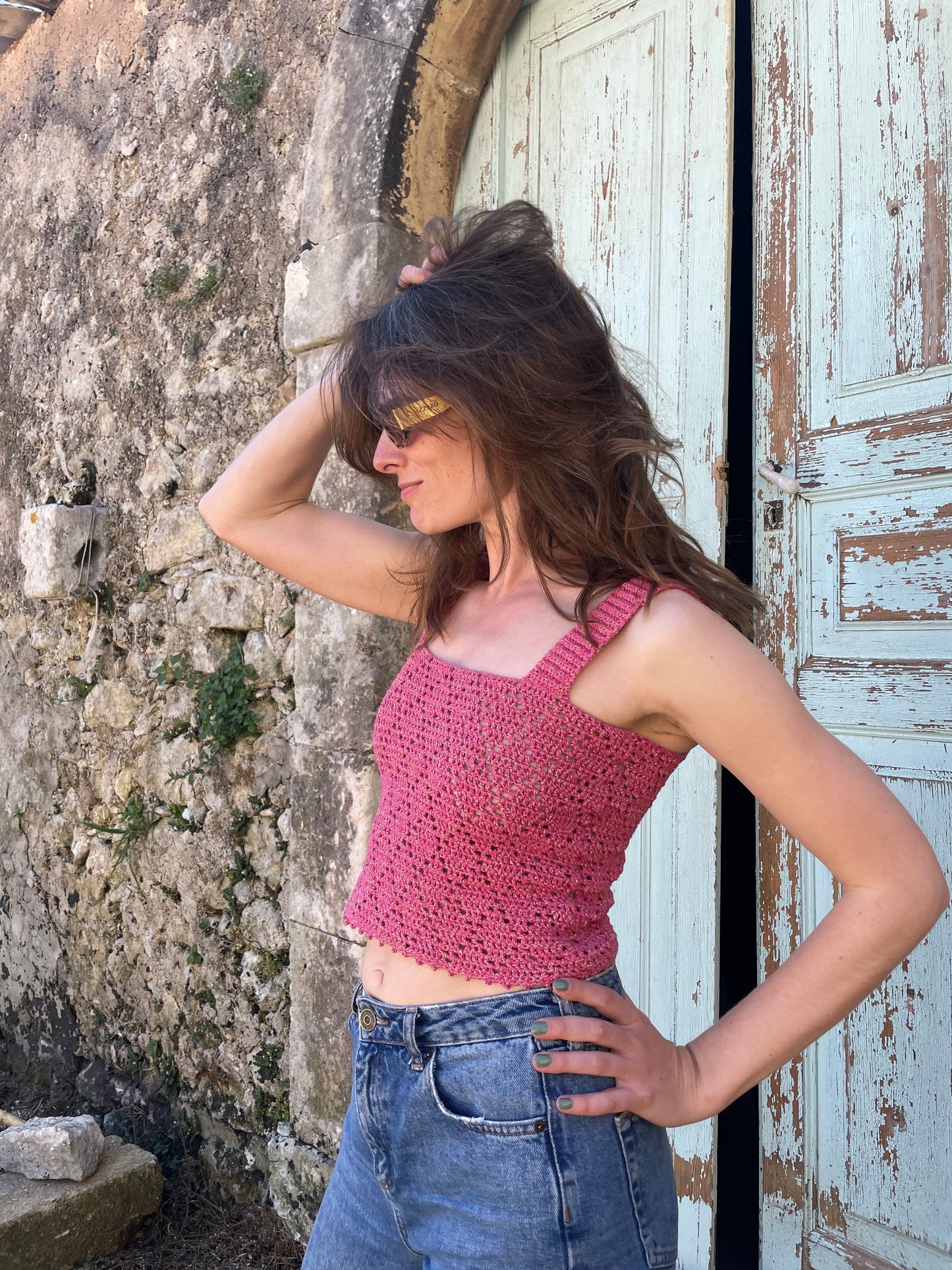 Top crochet metallic pink
